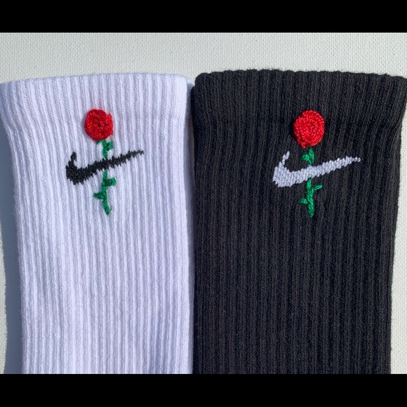 Hand Embroidered Rose Nike Sock by @sockem - Picture 2 of 5